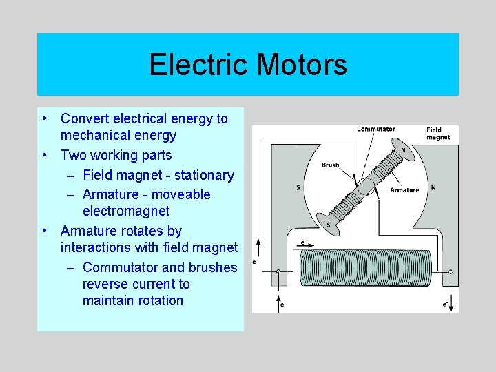 Electric Motors • Convert electrical energy to mechanical energy • Two working parts –