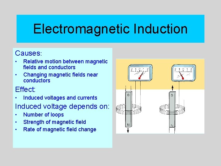 Electromagnetic Induction Causes: • • Relative motion between magnetic fields and conductors Changing magnetic