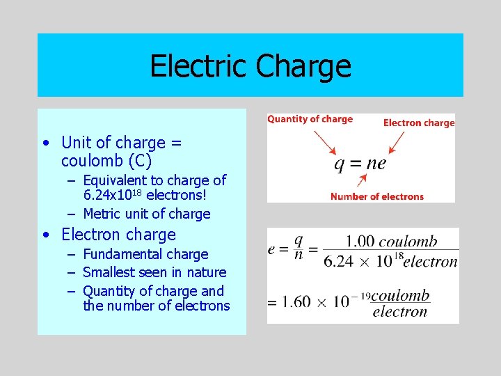 Electric Charge • Unit of charge = coulomb (C) – Equivalent to charge of