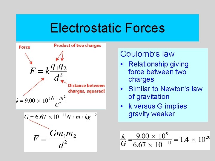 Electrostatic Forces Coulomb’s law • Relationship giving force between two charges • Similar to