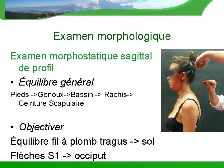 Examen morphologique Examen morphostatique sagittal de profil • Équilibre général Pieds ->Genoux->Bassin -> Rachis->