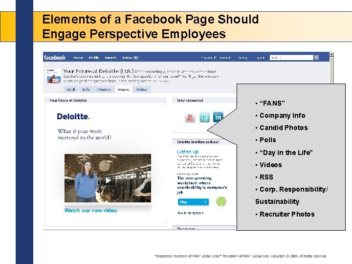 Elements of a Facebook Page Should Engage Perspective Employees • “FANS” • Company Info