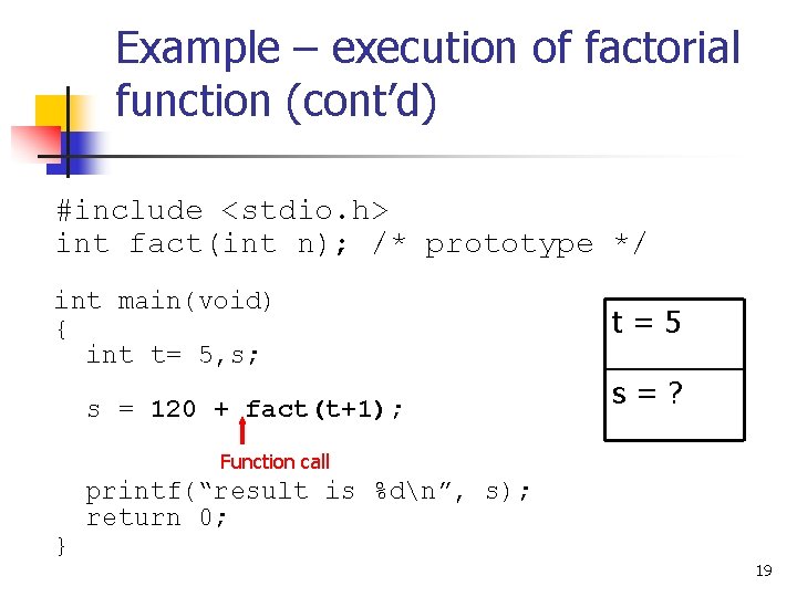 Example – execution of factorial function (cont’d) #include <stdio. h> int fact(int n); /*