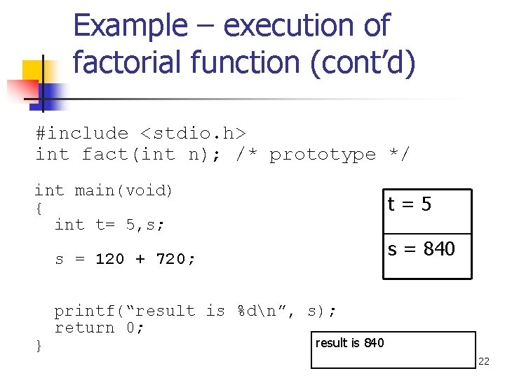 Example – execution of factorial function (cont’d) #include <stdio. h> int fact(int n); /*