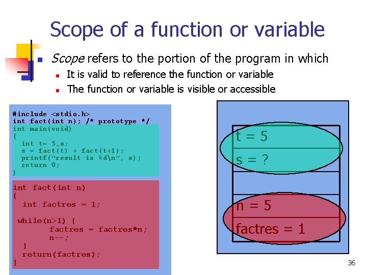 Scope of a function or variable n Scope refers to the portion of the