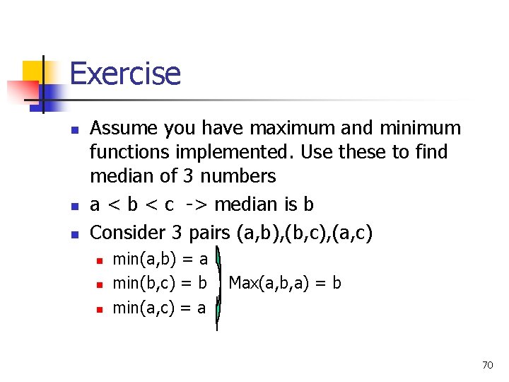 Exercise n n n Assume you have maximum and minimum functions implemented. Use these