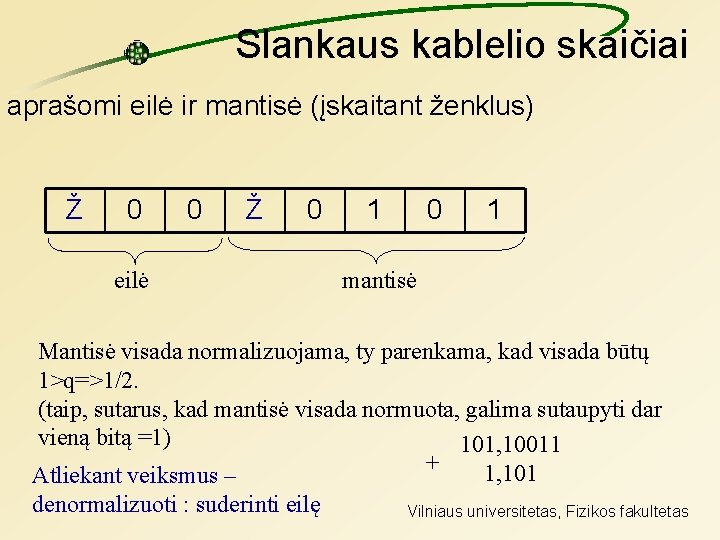 Slankaus kablelio skaičiai aprašomi eilė ir mantisė (įskaitant ženklus) Ž 0 eilė 0 Ž