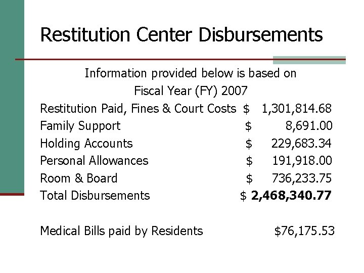Restitution Center Disbursements Information provided below is based on Fiscal Year (FY) 2007 Restitution