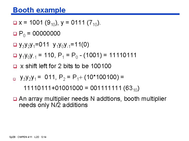 Booth example q x = 1001 (910), y = 0111 (710). q P 0