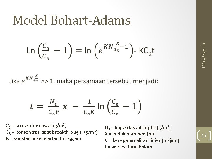 Model Bohart-Adams 1442 ﺍﻟﺜﺎﻧﻲ ﺭﺑﻴﻊ 12 C 0 = konsentrasi awal (g/m 3) CB