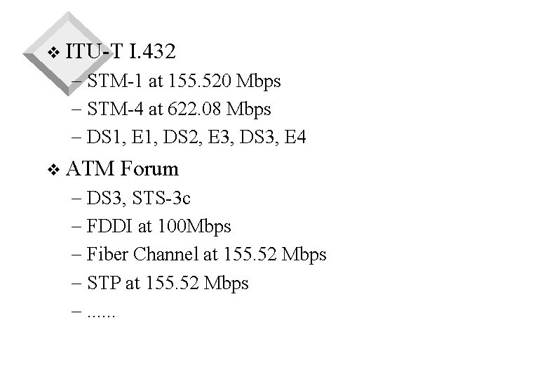 v ITU-T I. 432 - STM-1 at 155. 520 Mbps - STM-4 at 622.