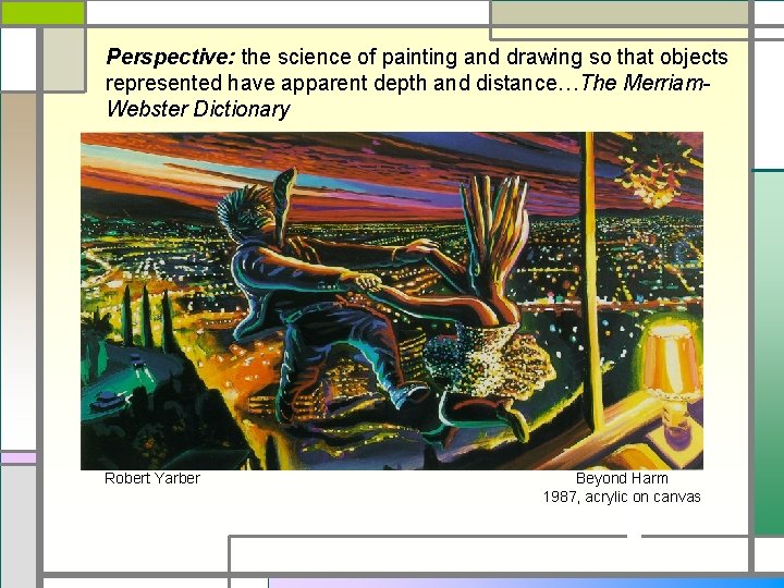 Perspective: the science of painting and drawing so that objects represented have apparent depth