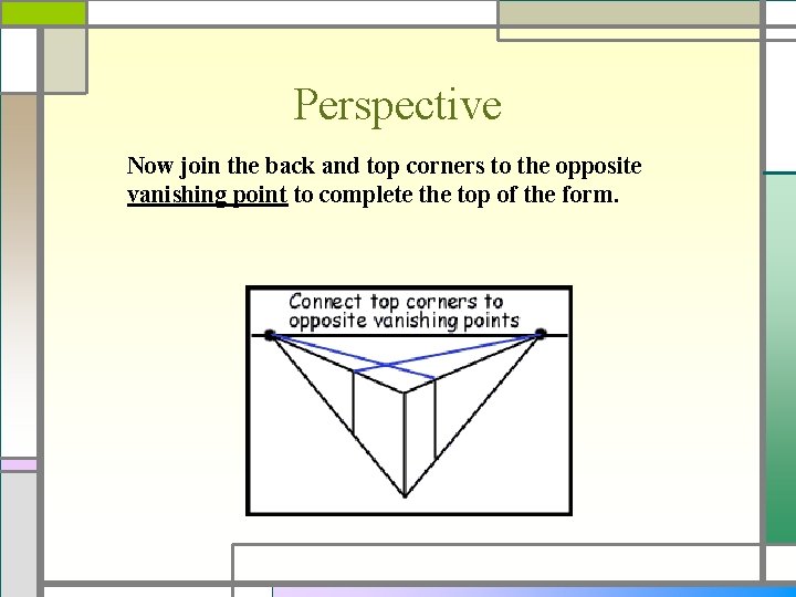 Perspective Now join the back and top corners to the opposite vanishing point to