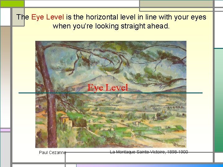The Eye Level is the horizontal level in line with your eyes when you’re
