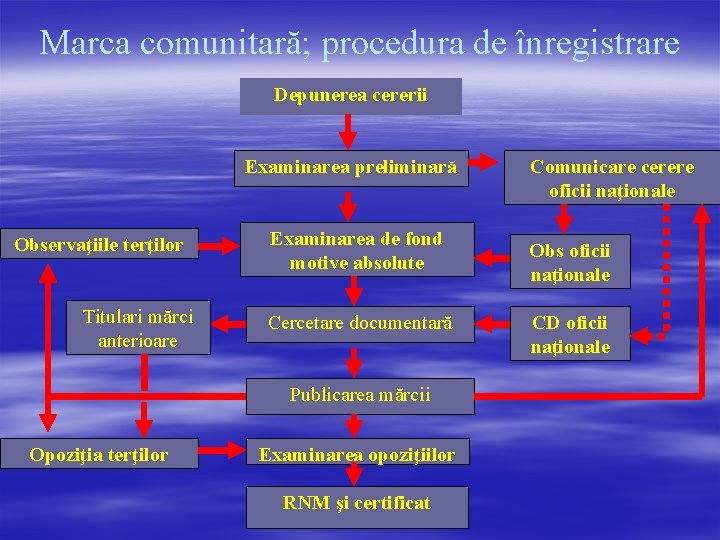 Marca comunitară; procedura de înregistrare Depunerea cererii Examinarea preliminară Observaţiile terţilor Titulari mărci anterioare Marca comunitară; procedura de înregistrare Depunerea cererii Examinarea preliminară Observaţiile terţilor Titulari mărci anterioare
