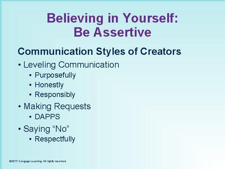 Believing in Yourself: Be Assertive Communication Styles of Creators • Leveling Communication • Purposefully