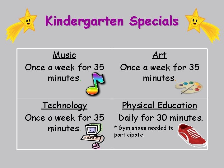 Kindergarten Specials Music Once a week for 35 minutes. Art Once a week for