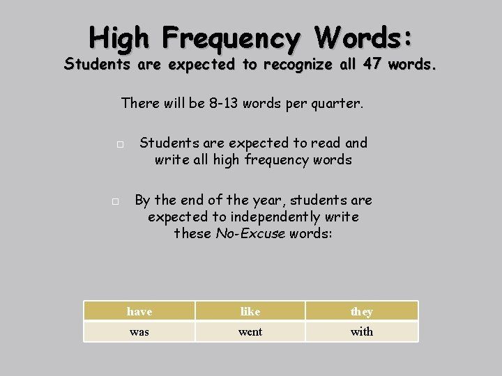 High Frequency Words: Students are expected to recognize all 47 words. There will be