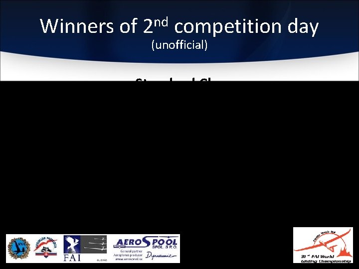 Winners of 2 nd competition day (unofficial) Standard Class 1. Dane Dickinson (NZL) -