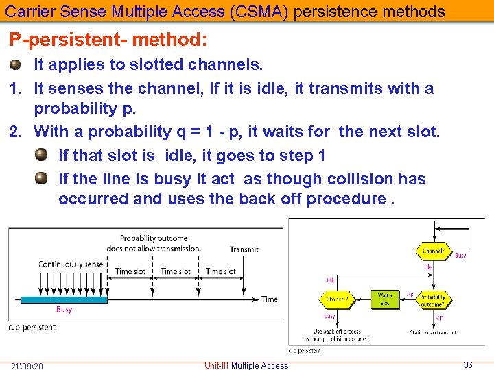 Carrier Sense Multiple Access (CSMA) persistence methods P-persistent- method: It applies to slotted channels.