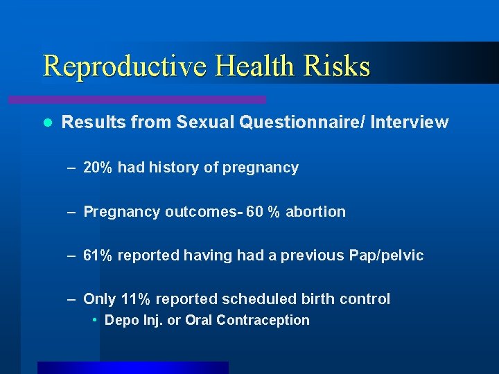 Reproductive Health Risks l Results from Sexual Questionnaire/ Interview – 20% had history of