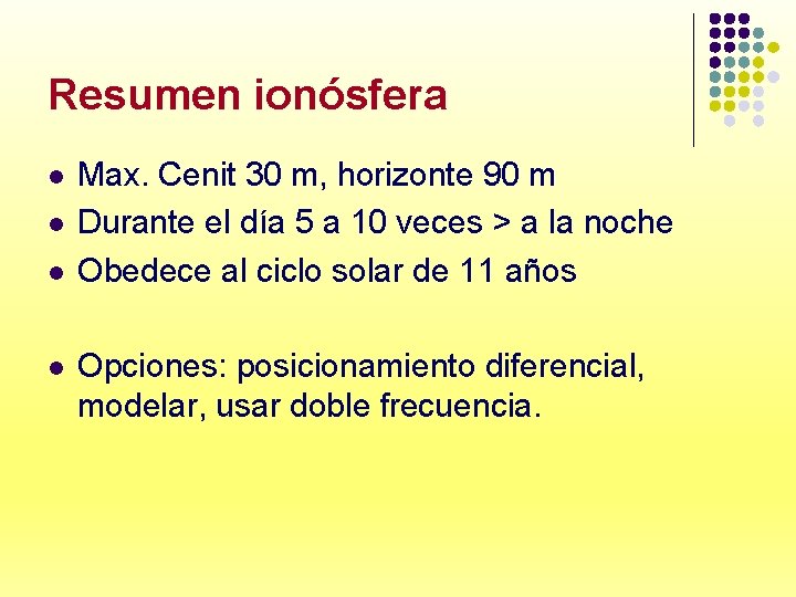 Resumen ionósfera l l Max. Cenit 30 m, horizonte 90 m Durante el día