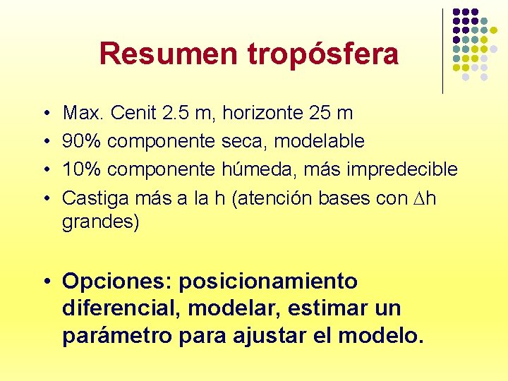 Resumen tropósfera • • Max. Cenit 2. 5 m, horizonte 25 m 90% componente