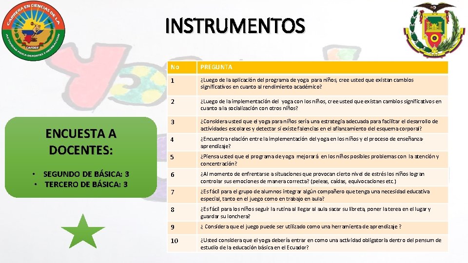 INSTRUMENTOS ENCUESTA A DOCENTES: • SEGUNDO DE BÁSICA: 3 • TERCERO DE BÁSICA: 3