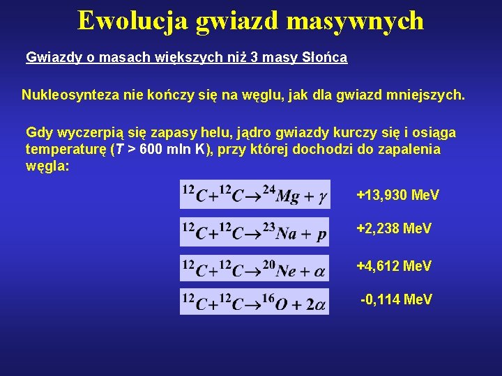 Ewolucja gwiazd masywnych Gwiazdy o masach większych niż 3 masy Słońca Nukleosynteza nie kończy