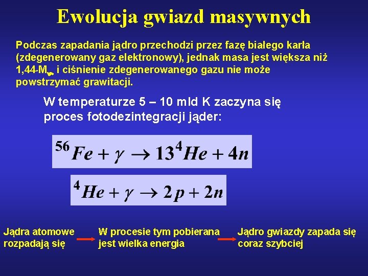 Ewolucja gwiazd masywnych Podczas zapadania jądro przechodzi przez fazę białego karła (zdegenerowany gaz elektronowy),