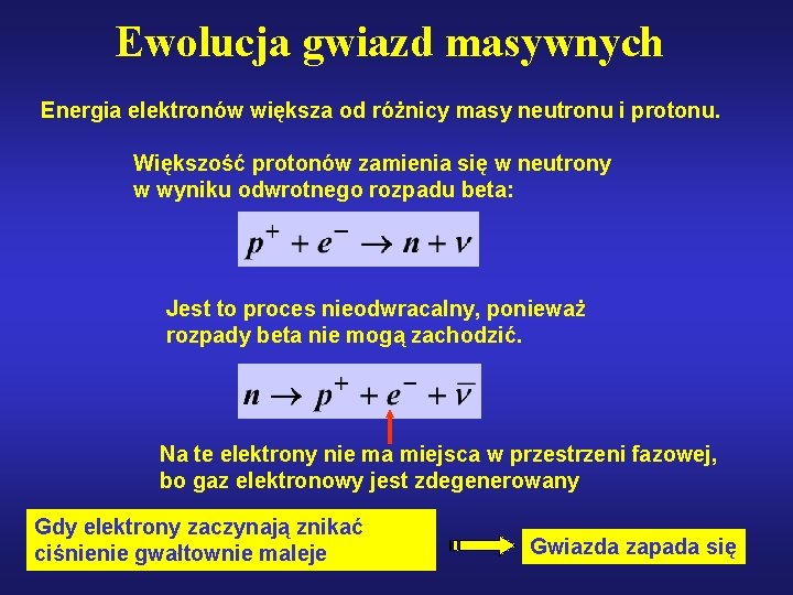 Ewolucja gwiazd masywnych Energia elektronów większa od różnicy masy neutronu i protonu. Większość protonów