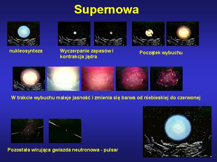 Supernowa nukleosynteza Wyczerpanie zapasów i kontrakcja jądra Początek wybuchu W trakcie wybuchu maleje jasność