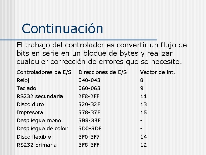 Continuación El trabajo del controlador es convertir un flujo de bits en serie en Continuación El trabajo del controlador es convertir un flujo de bits en serie en