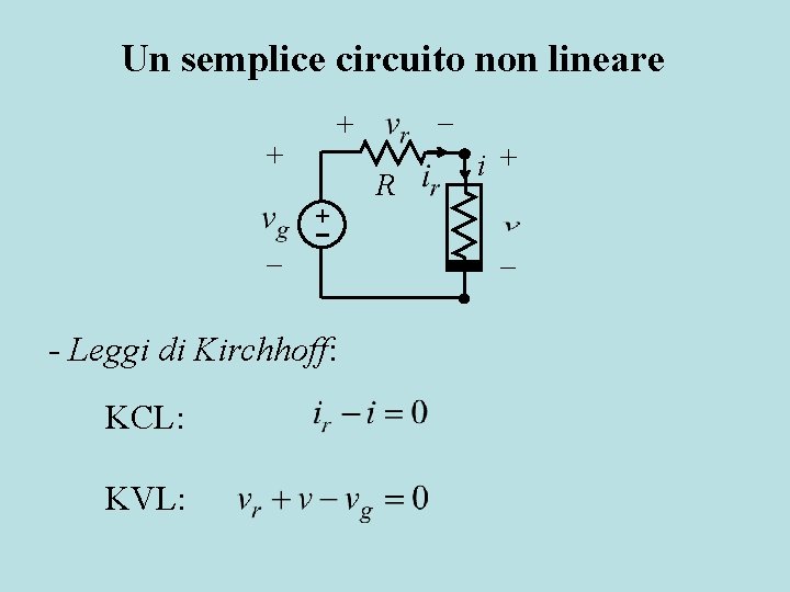 Un semplice circuito non lineare + + + - Leggi di Kirchhoff: KCL: KVL: