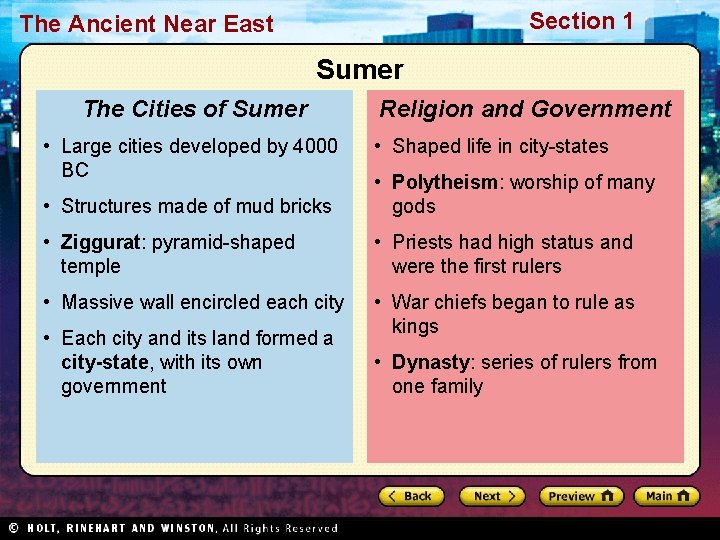 Section 1 The Ancient Near East Sumer The Cities of Sumer • Large cities