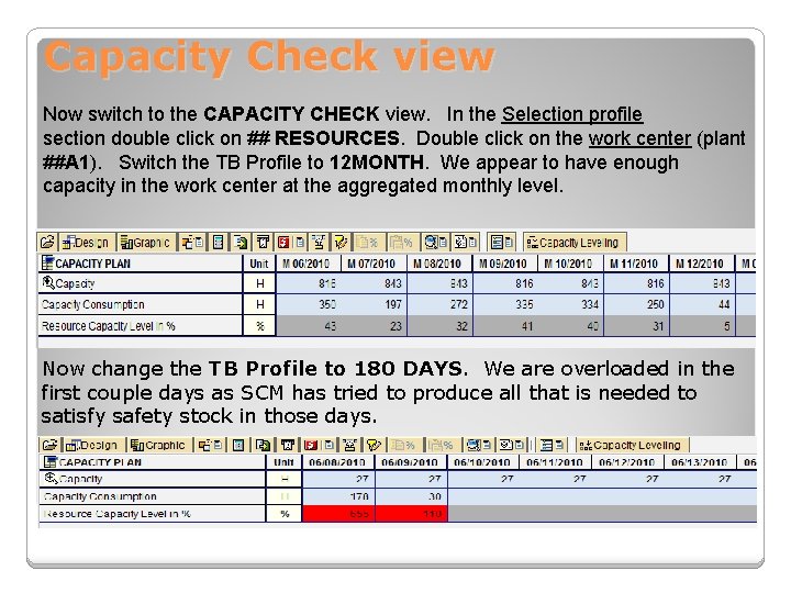 Capacity Check view Now switch to the CAPACITY CHECK view. In the Selection profile