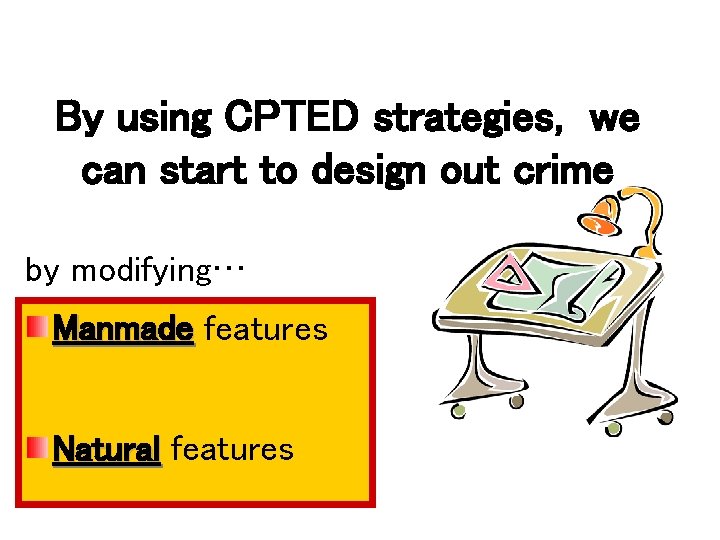 By using CPTED strategies, we can start to design out crime by modifying… Manmade