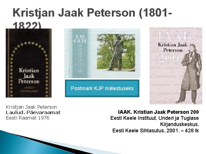 Kristjan Jaak Peterson (18011822) Postmark KJP mälestuseks Kristjan Jaak Peterson Laulud. Päevaraamat Eesti Raamat