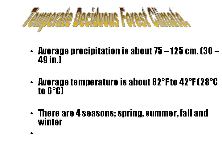  • Average precipitation is about 75 – 125 cm. (30 – 49 in.