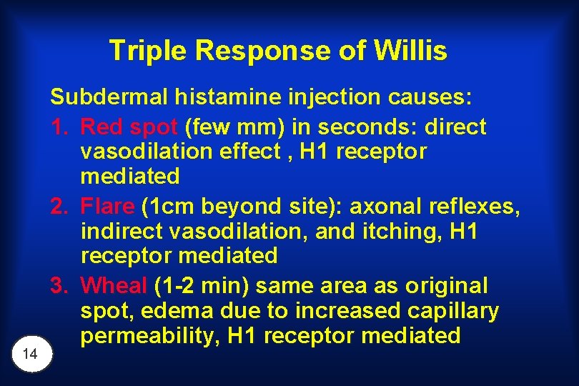 Triple Response of Willis 14 Subdermal histamine injection causes: 1. Red spot (few mm)