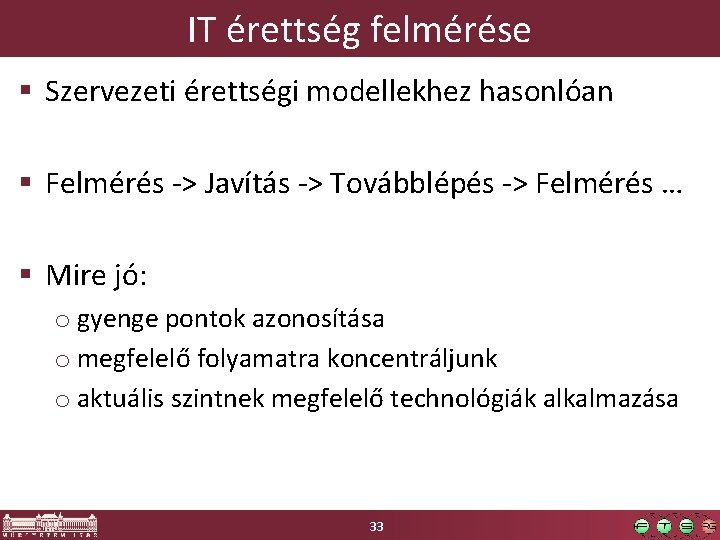 IT érettség felmérése Szervezeti érettségi modellekhez hasonlóan Felmérés -> Javítás -> Továbblépés -> Felmérés