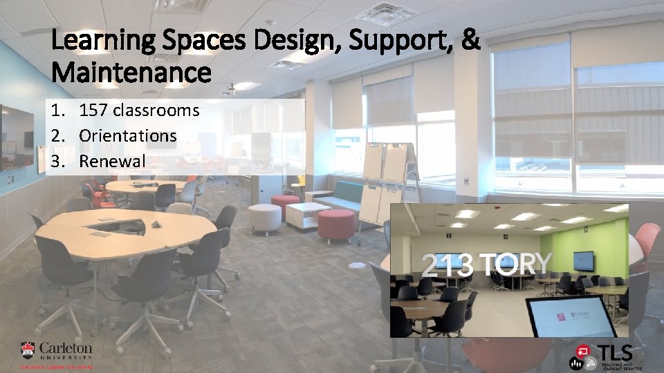 Learning Spaces Design, Support, & Maintenance 1. 157 classrooms 2. Orientations 3. Renewal 