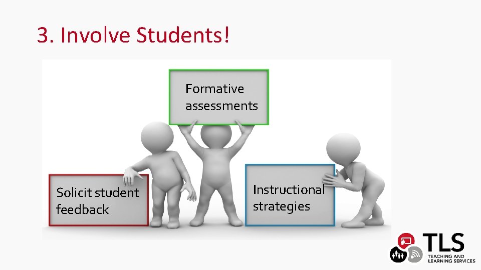 3. Involve Students! Formative assessments Solicit student feedback Instructional strategies 