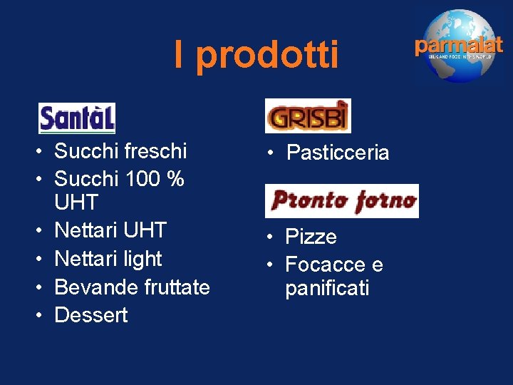 I prodotti • Succhi freschi • Succhi 100 % UHT • Nettari light •