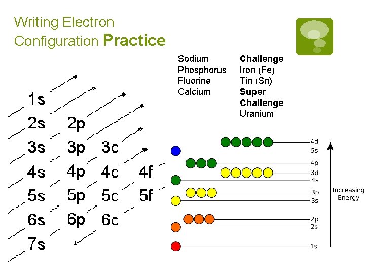 Writing Electron Configuration Practice Sodium Phosphorus Fluorine Calcium Challenge Iron (Fe) Tin (Sn) Super