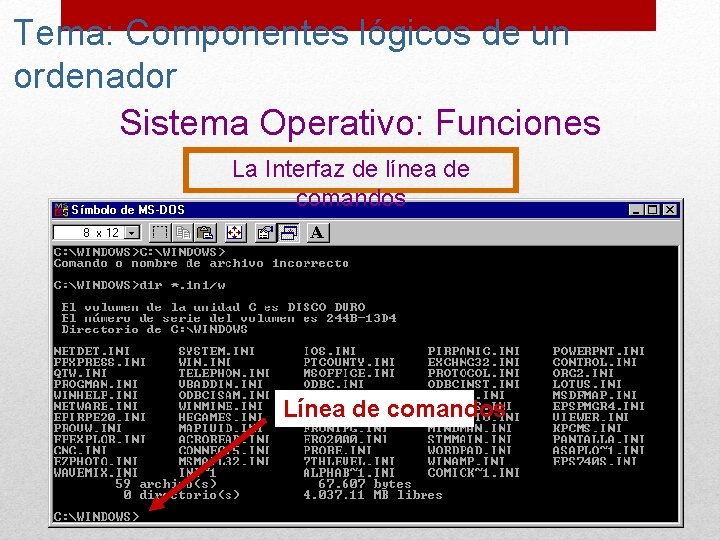 Tema: Componentes lógicos de un ordenador Sistema Operativo: Funciones La Interfaz de línea de