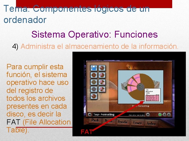 Tema: Componentes lógicos de un ordenador Sistema Operativo: Funciones 4) Administra el almacenamiento de
