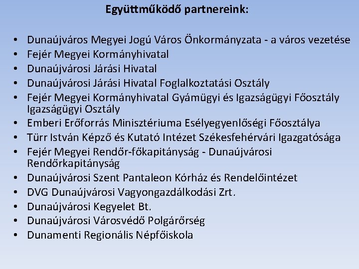 Együttműködő partnereink: • • • • Dunaújváros Megyei Jogú Város Önkormányzata - a város