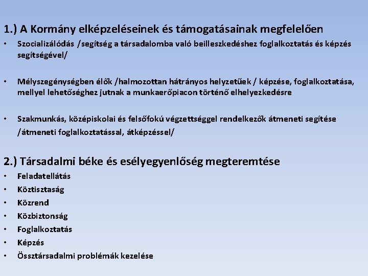 1. ) A Kormány elképzeléseinek és támogatásainak megfelelően • Szocializálódás /segítség a társadalomba való