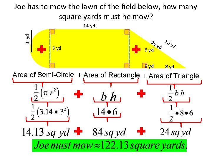 Joe has to mow the lawn of the field below, how many square yards